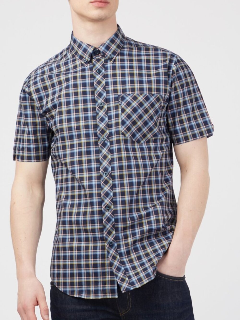 Ben Sherman Men's Midnight Blue Plaid Short Sleeve Button Down Shirt – Size L
